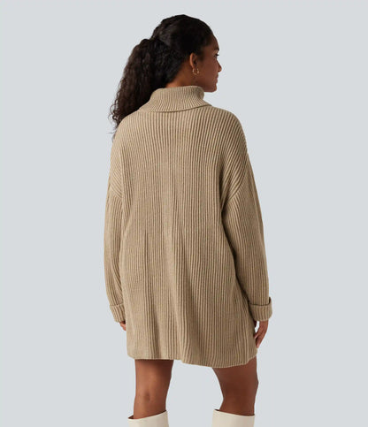 High Neck Long Sleeve Mini Work Sweater Dress