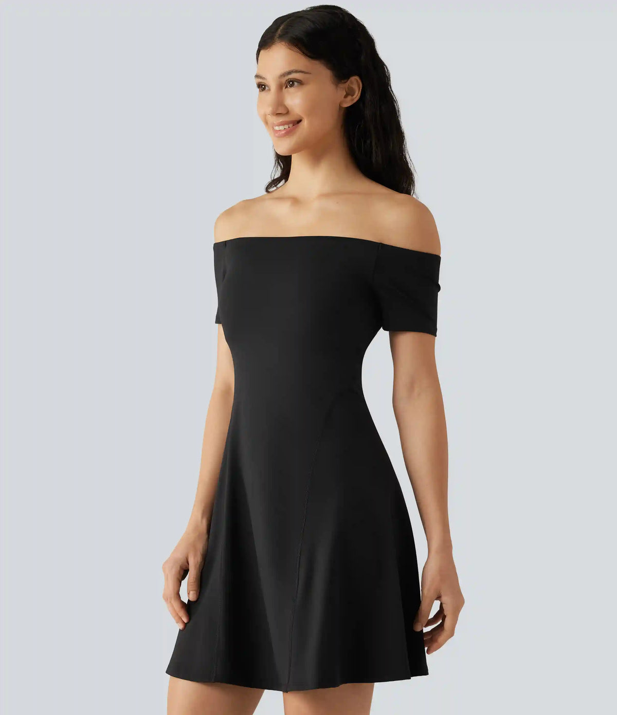 SoftlyZero™ Plush Off Shoulder Short Sleeve Built-in Bra Mini Casual Dress B-DD Cups