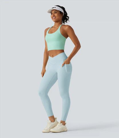 SoftlyZero™ High Waisted Crossover Plain Yoga Leggings with Pockets
