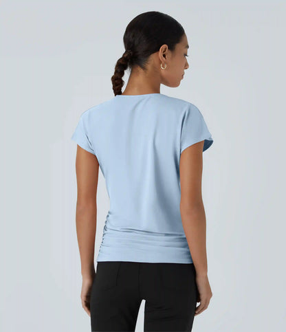 V Neck Cap Sleeve Crossover Ruched Solid Work Blouse