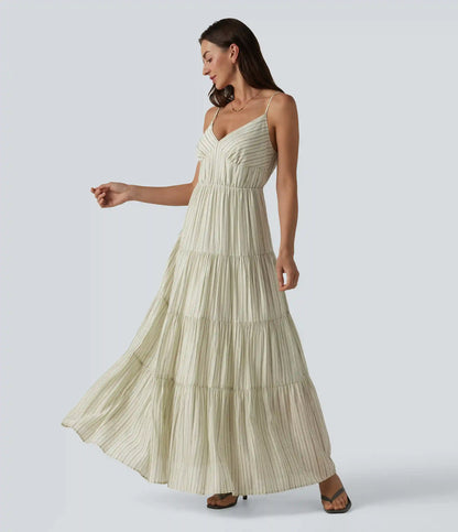 V Neck Lace Up Stripe Flowy Maxi Dress