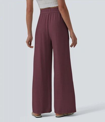 High Waisted Drawstring Wide Leg Casual Linen-Blend Pants with Pockets