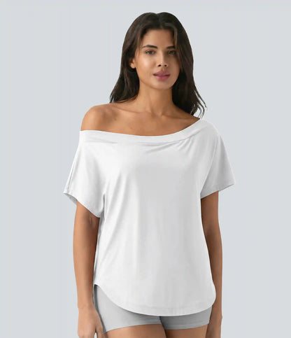 One Shoulder Short Sleeve Curved Hem High Low Quick Dry Yoga Sports Top-Built-in Bra