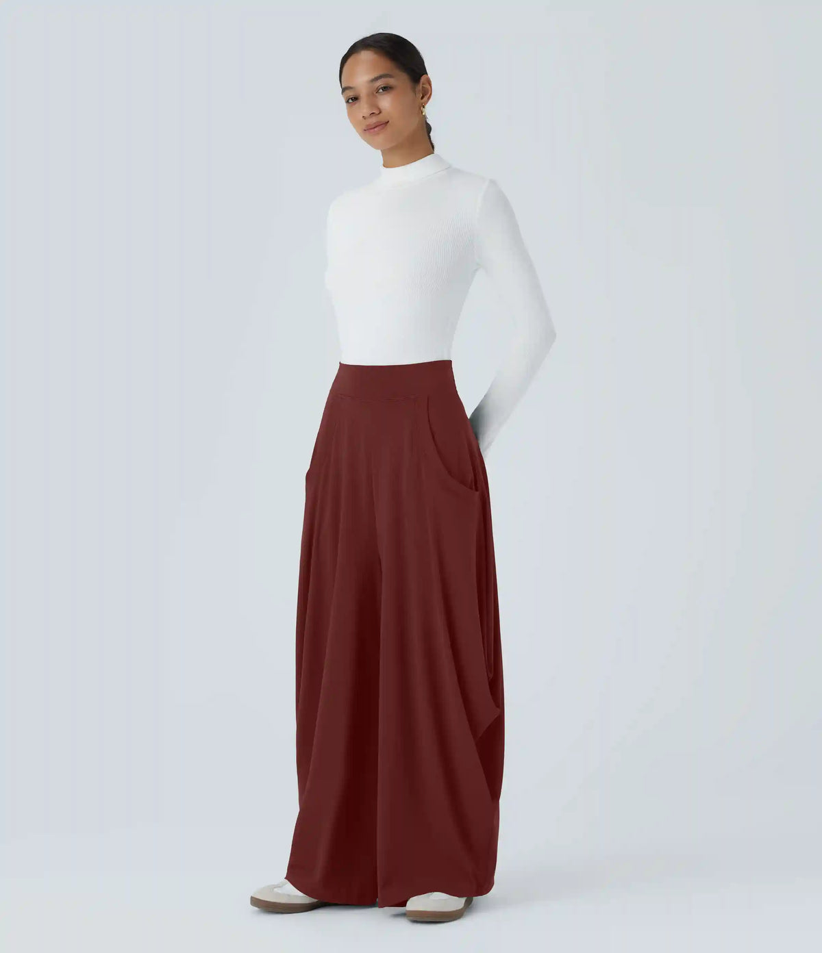 Mid Rise Pockets Draped Wide Leg Baggy Casual Pants