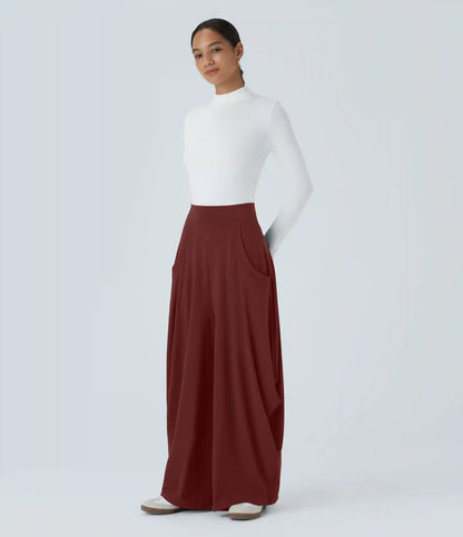 Mid Rise Pockets Draped Wide Leg Baggy Casual Pants