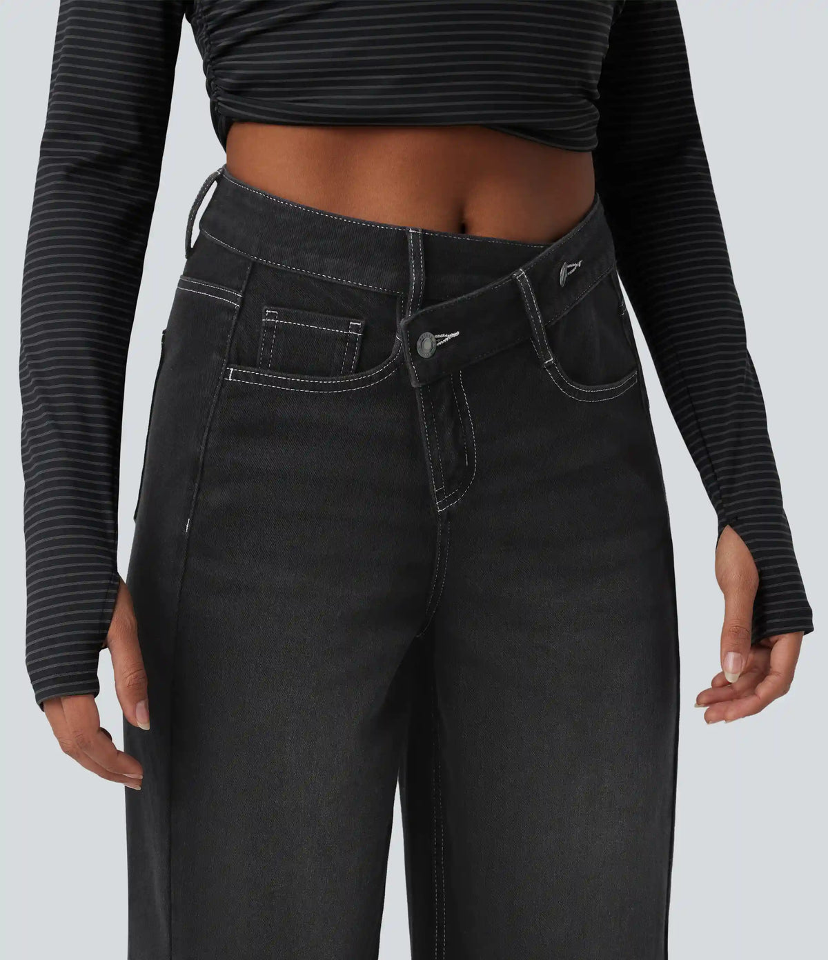 Halara Flex™ Asymmetric High Waisted Washed Casual Baggy Jeans with Pockets