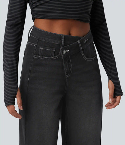Halara Flex™ Asymmetric High Waisted Washed Casual Baggy Jeans with Pockets