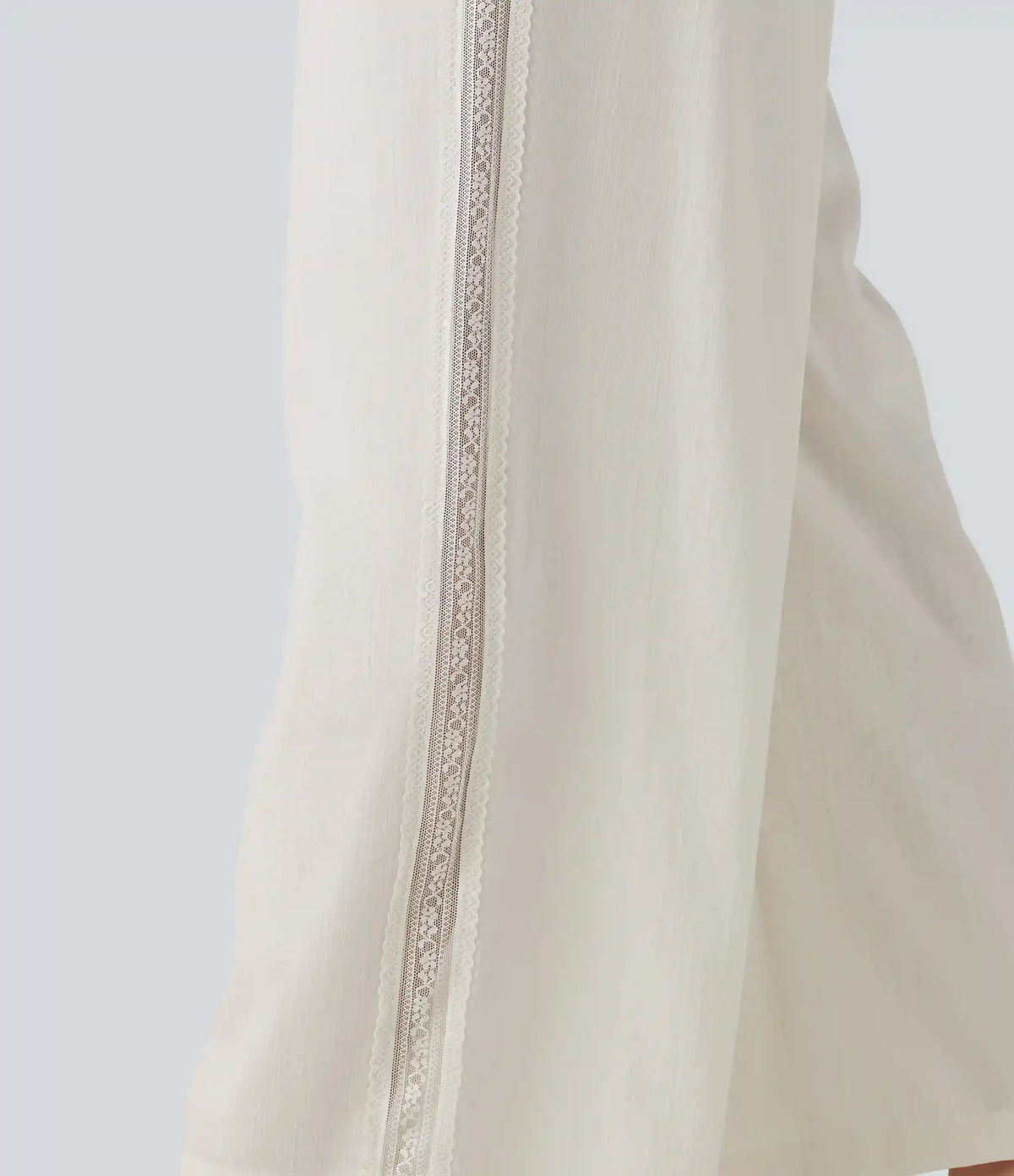 Mid Rise Drawstring Contrast Lace 2-in-1 Casual Linen-Feel Baggy Pants with Pockets