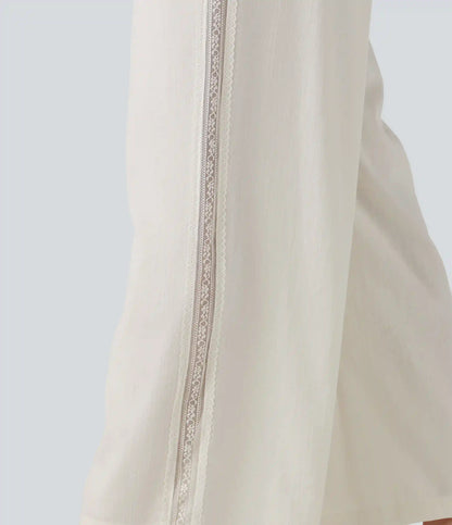 Mid Rise Drawstring Contrast Lace 2-in-1 Casual Linen-Feel Baggy Pants with Pockets