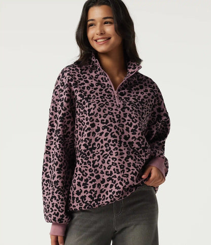 Stand Collar Long Sleeve Leopard Print Casual Top