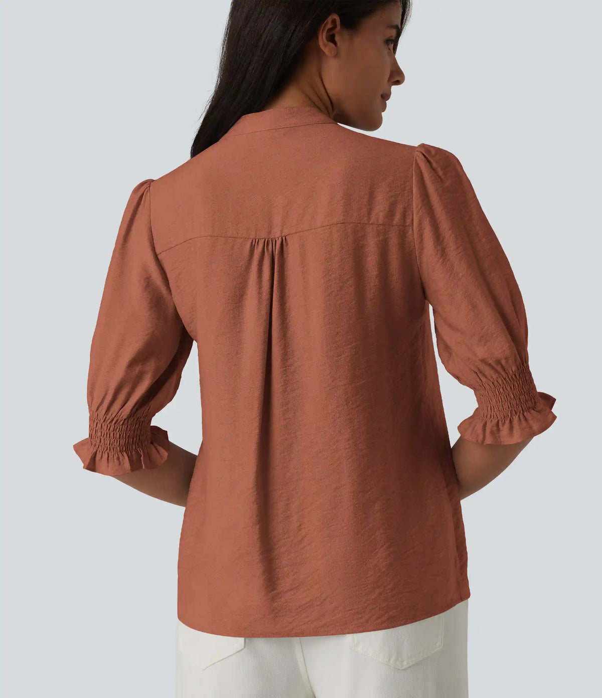 V Neck Puff Short Sleeve Casual Blouse