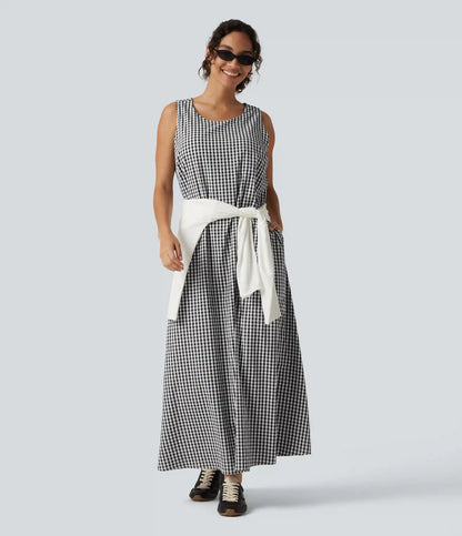 Round Neck Sleeveless Midi Crinkle Gingham Casual Tank Dress with Pockets DD-F Cups