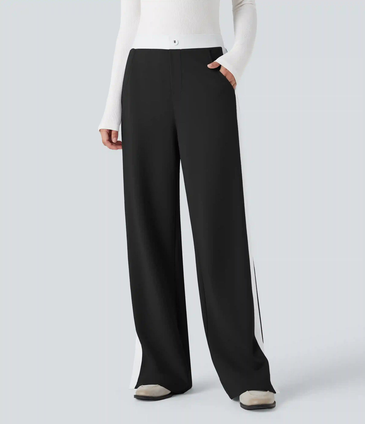 Mid Rise Color Block Split Work Straight Leg Pants with Pockets
