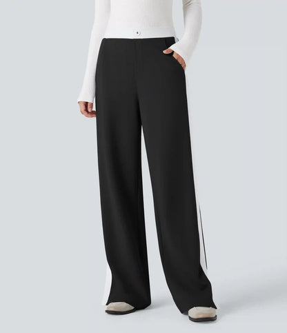 Mid Rise Color Block Split Work Straight Leg Pants with Pockets