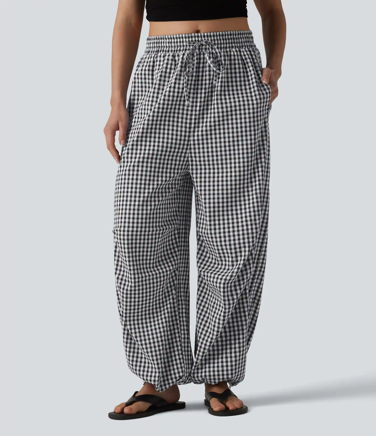 Mid Rise Drawstring Baggy Gingham Casual Pants with Pockets