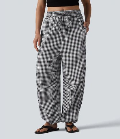 Mid Rise Drawstring Baggy Gingham Casual Pants with Pockets