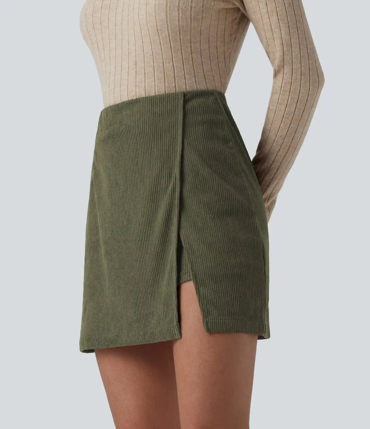 High Waisted Back Zipper Split Hem 2-in-1 Corduroy Casual Skirt-Longer Length