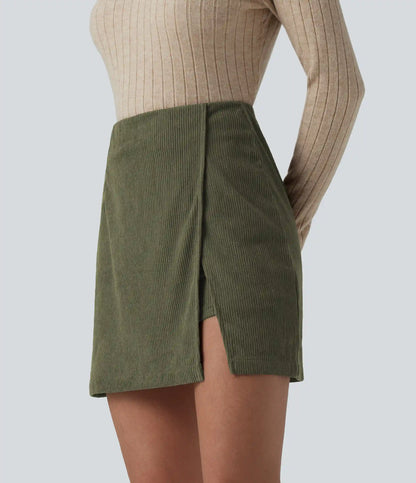 High Waisted Back Zipper Split Hem 2-in-1 Corduroy Casual Skirt-Longer Length