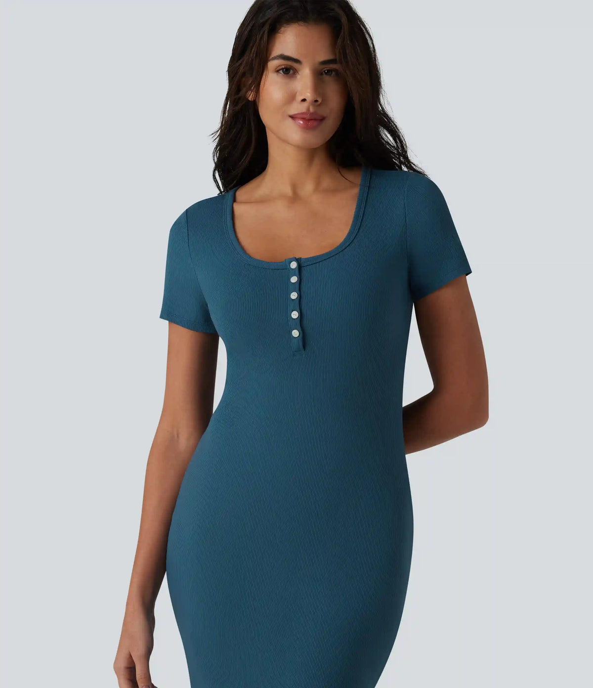 Ribbed Knit Henley Short Sleeve Midi Bodycon Mermaid Casual Dress