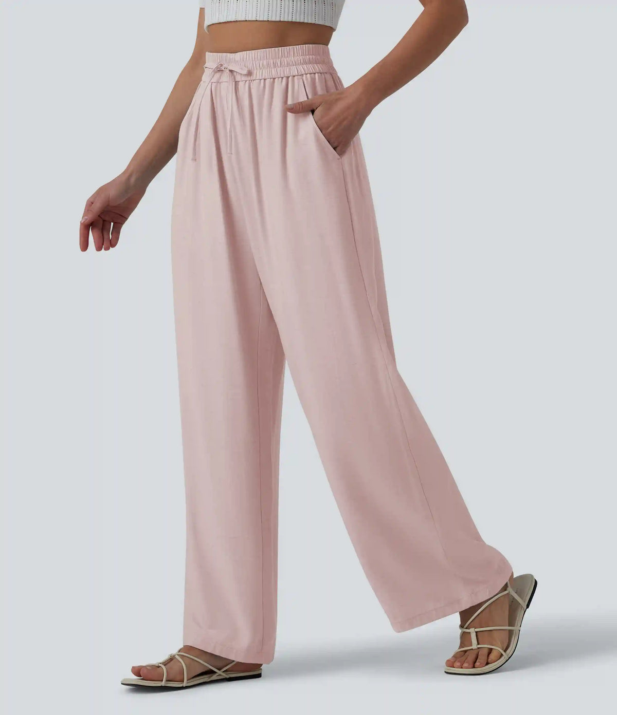 High Waisted Drawstring Wide Leg Casual Linen-Blend Pants with Pockets