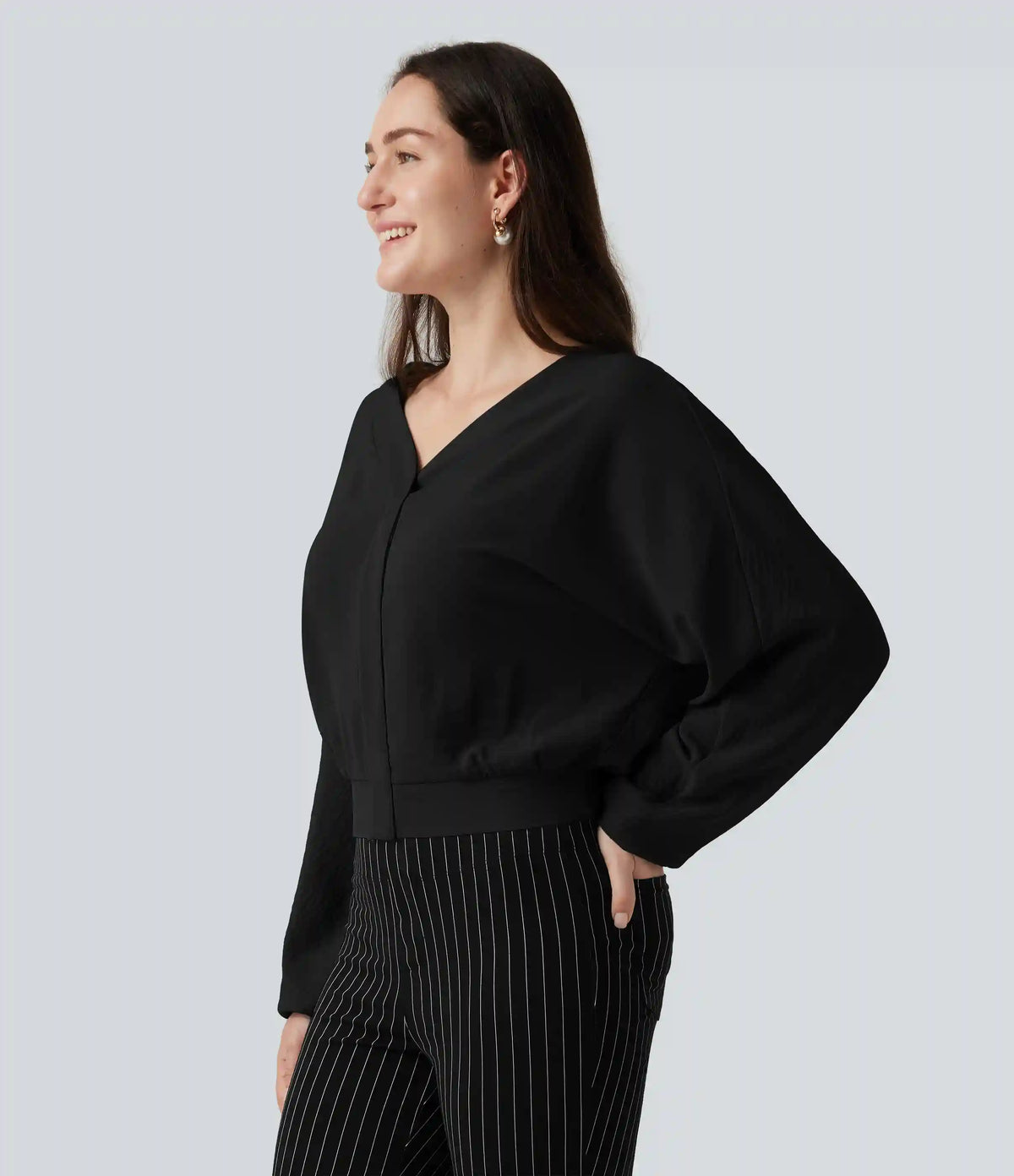 V Neck Batwing Long Sleeve Relaxed Work Blouse
