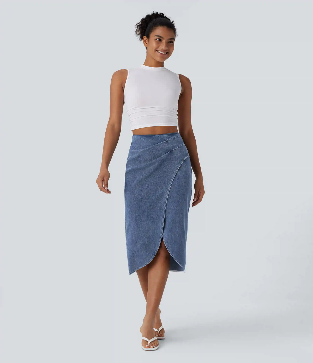 Halara Flex™ High Waisted Back Zipper Ruched Tulip Hem Midi Washed Denim Casual Skirt