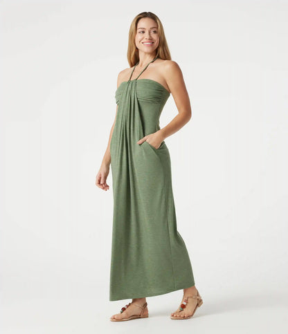Halter Tie Back Built-in Bra Heathered Maxi Dress with Pockets