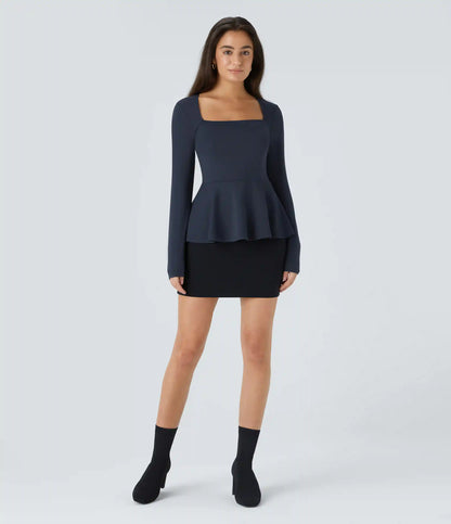 Square Neck Long Sleeve Ruffle Hem Work Top