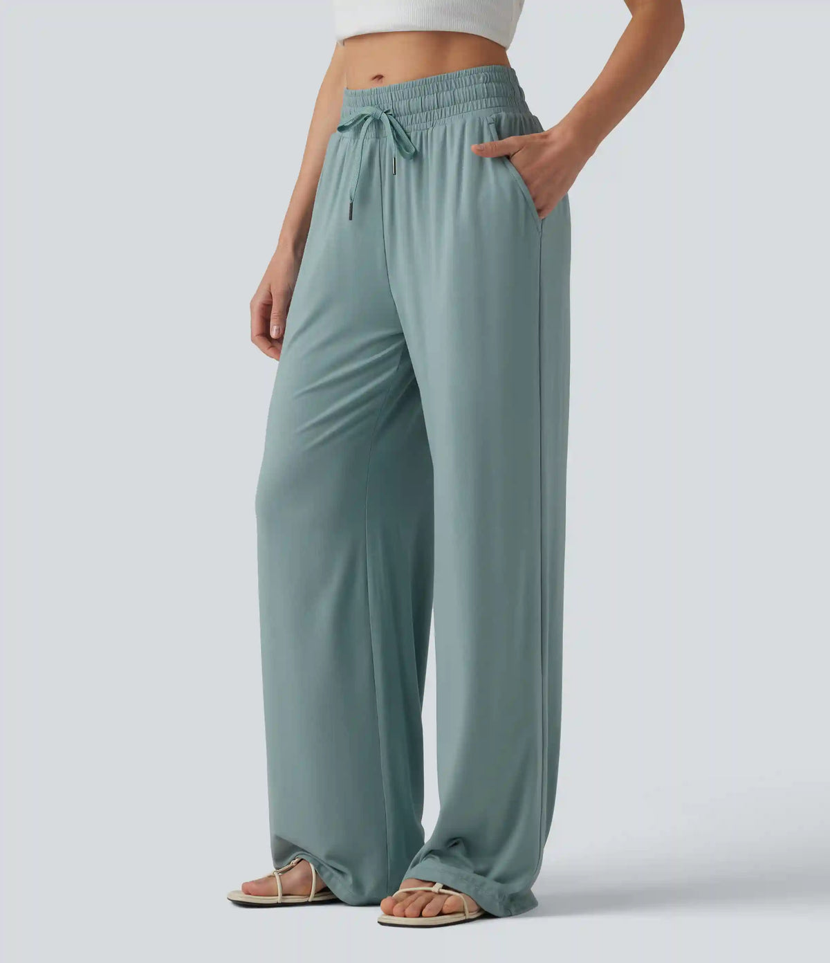 Mid Rise Drawstring Casual Baggy Pants with Pockets