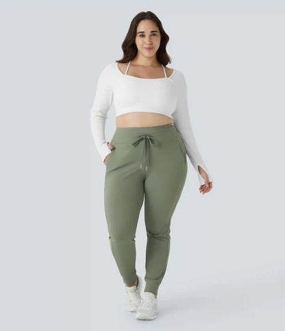 SoftlyZero™ Plush High Waisted Drawstring Pocket Plain Full Length Plus Size Joggers