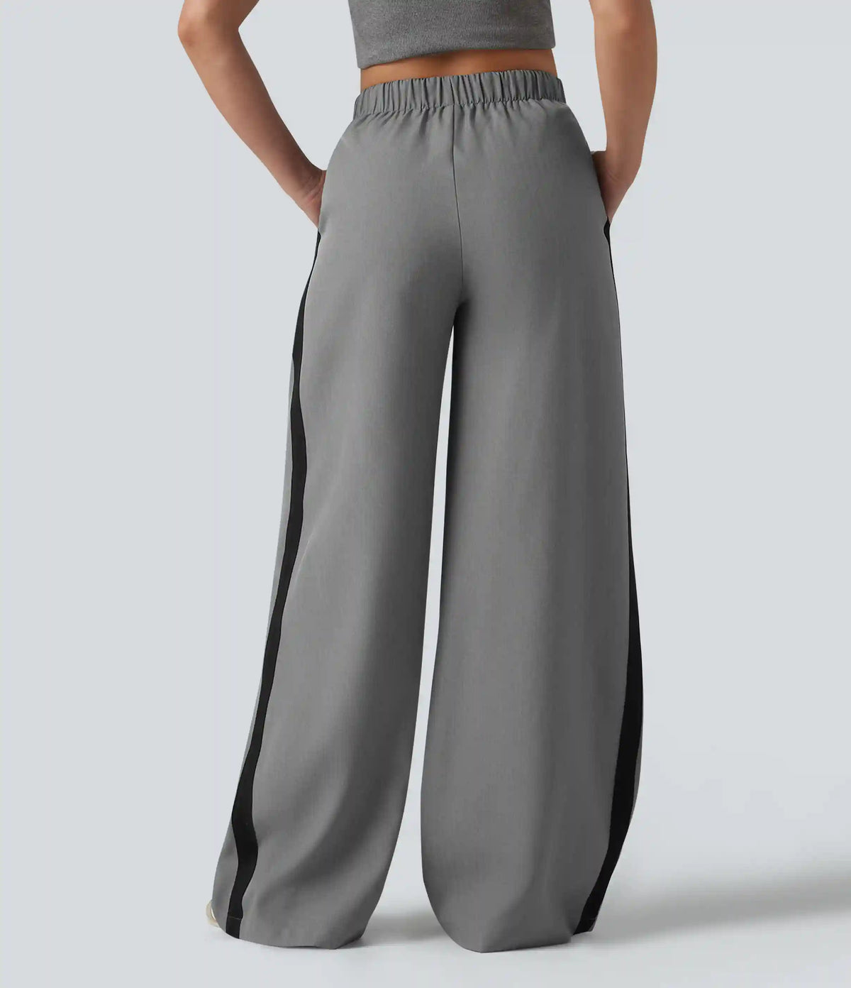Wrinkle Recovery High Waisted Baggy Color Block Casual Linen-Feel Pants with Pockets