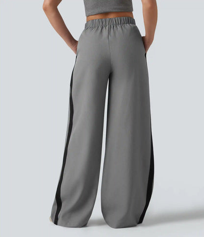 Wrinkle Recovery High Waisted Baggy Color Block Casual Linen-Feel Pants with Pockets