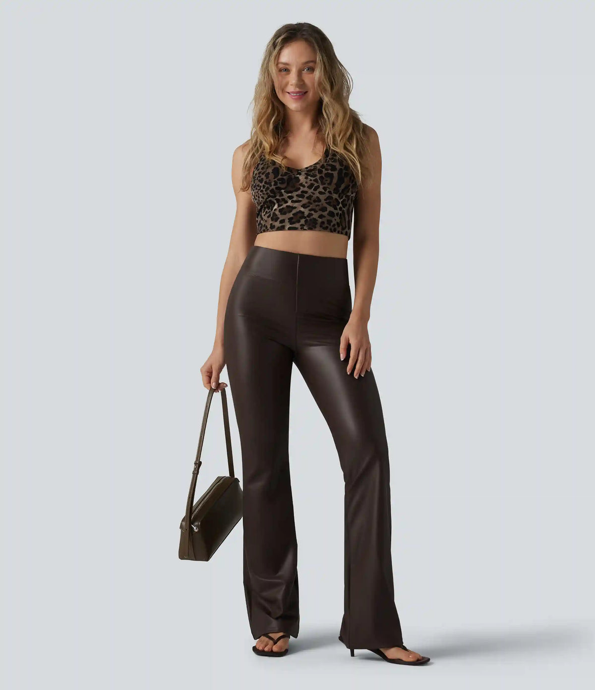 High Waisted Bootcut Stretchy PU Casual Pants with Pockets