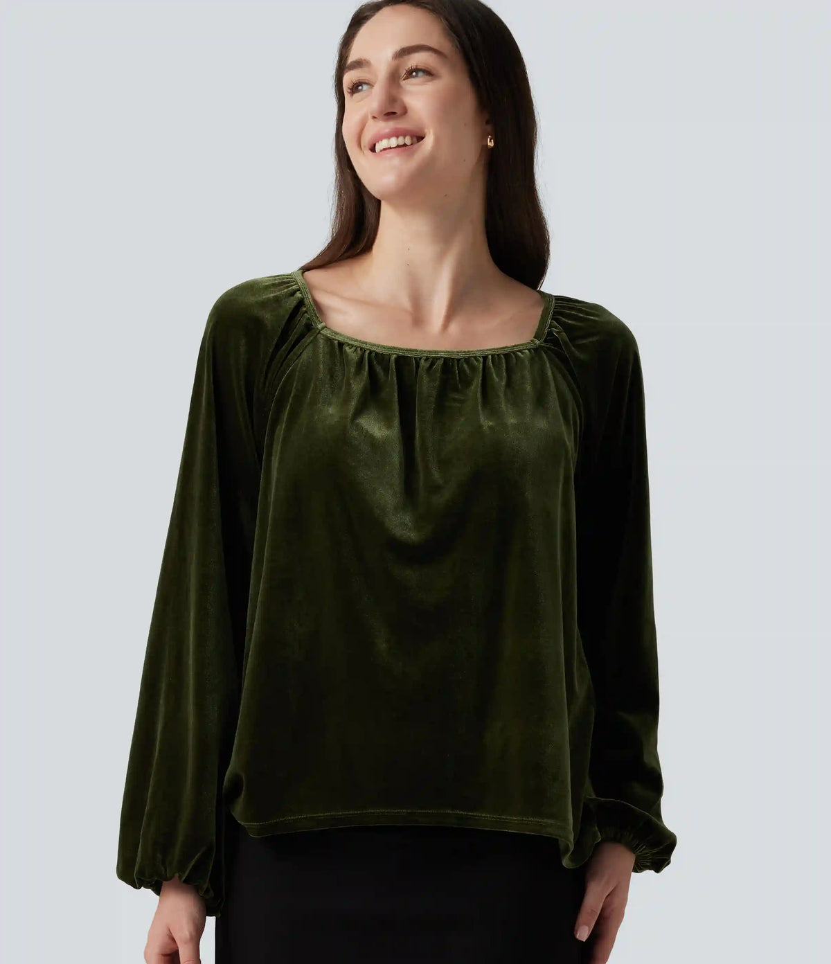 Square Neck Raglan Long Sleeve Pleated Velvet Casual Top