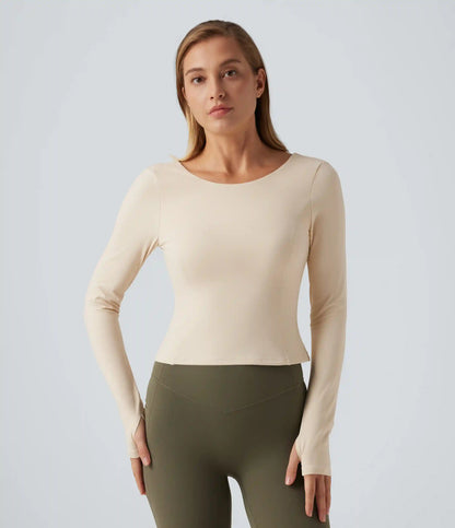 SoftlyZero™ Plush Round Neck Thumb Hole Long Sleeve Yoga Sports Top with Built-in Bra