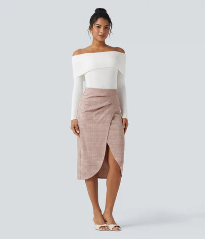 High Waisted 2-in-1 Tulip Hem Houndstooth Plaid Midi Work Skirt
