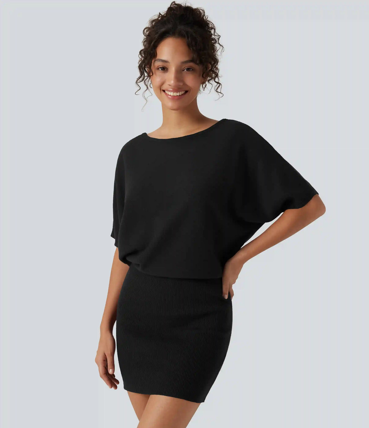 Ribbed Knit Boat Neck Batwing Short Sleeve Loose fit Mini Casual Dress