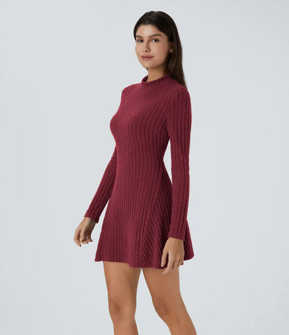 Ribbed Knit Stand Collar Long Sleeve Mini Casual Dress