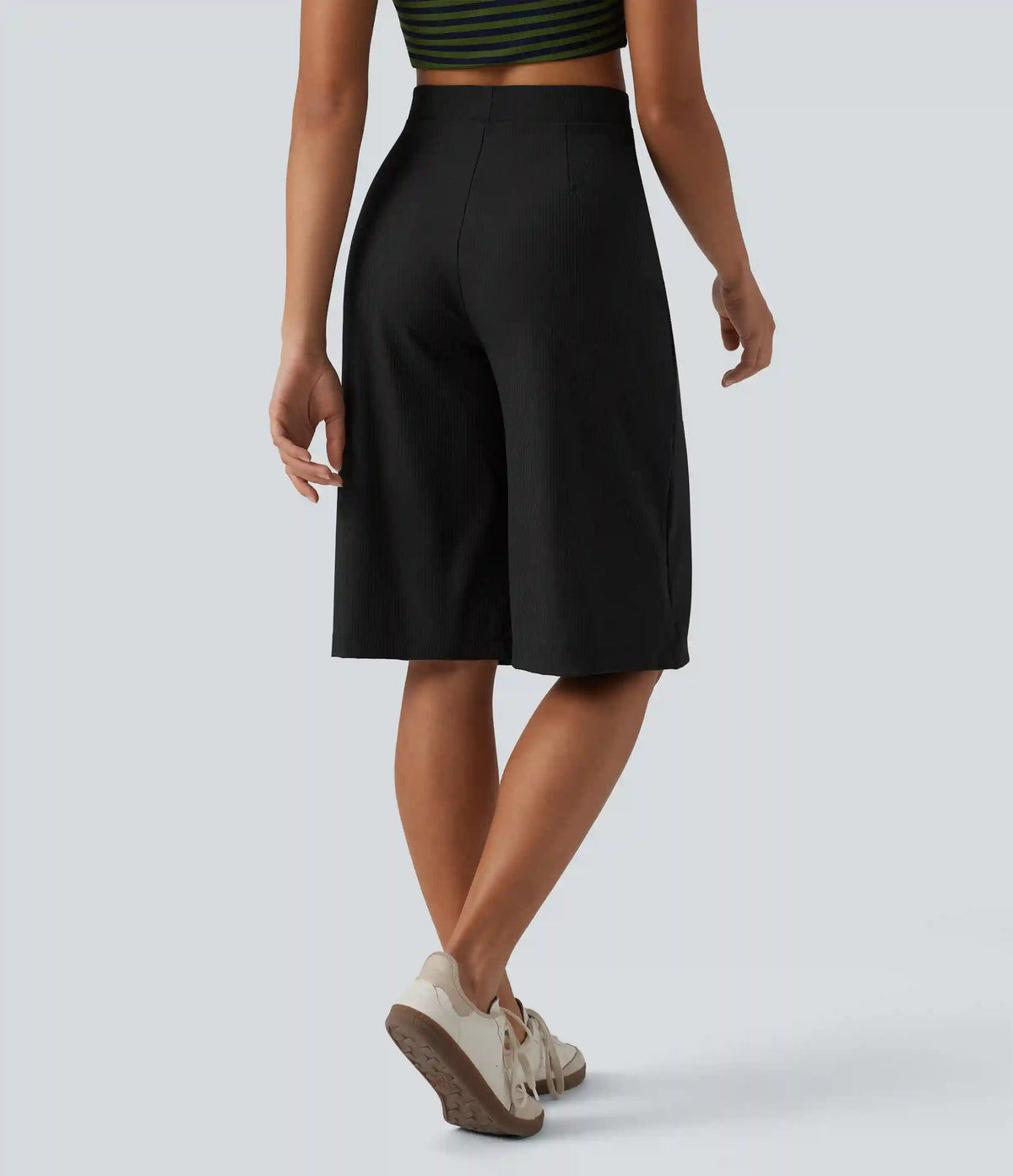 Ribbed Knit High Waisted Pedal Pushers Quick Dry Casual Wide Leg Pants with Flap Pockets-UPF50+