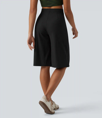 Ribbed Knit High Waisted Pedal Pushers Quick Dry Casual Wide Leg Pants with Flap Pockets-UPF50+
