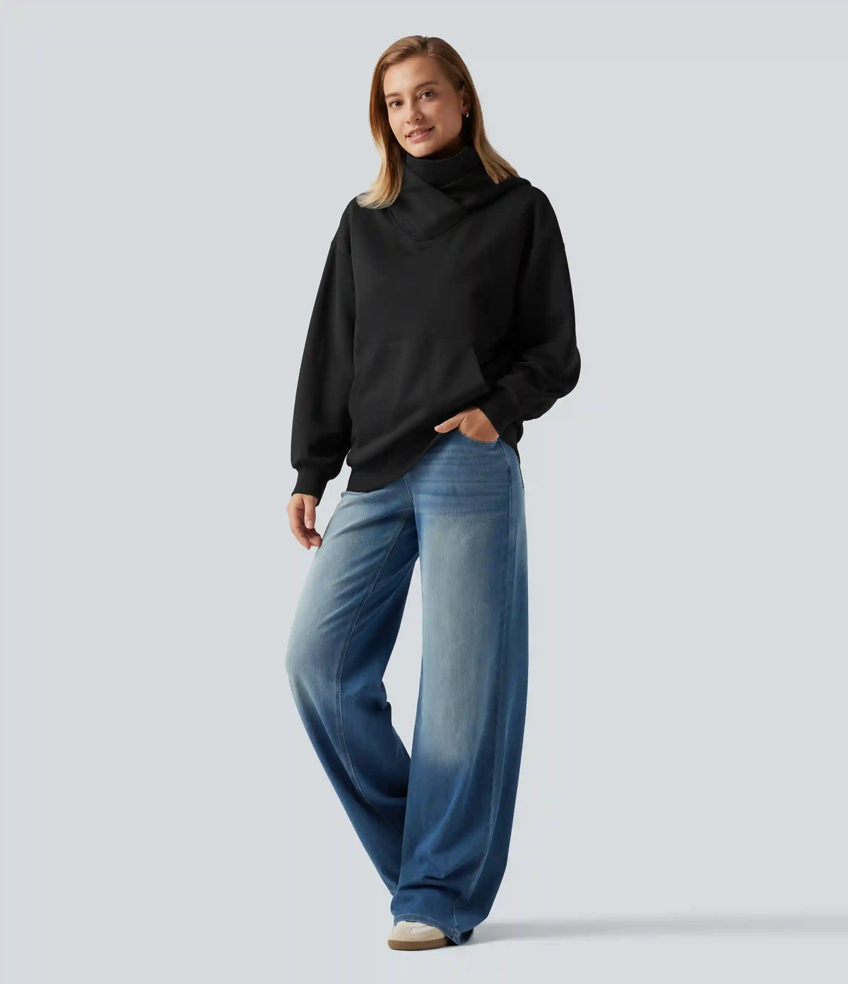 Hooded Crossover Dropped Long Sleeve Fleece Casual Sweatshirt with Pocket
