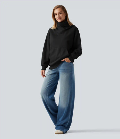 Hooded Crossover Dropped Long Sleeve Fleece Casual Sweatshirt with Pocket