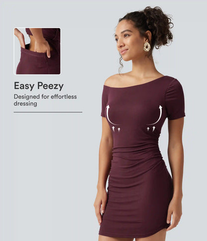 Ribbed One Shoulder Built-in Bra Short Sleeve Bodycon 2-in-1 Mini Casual Dress with Pockets-Easy Peezy Edition