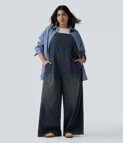 Plus Size Halara Flex™ Square Neck Washed Denim Casual Overalls with Pockets
