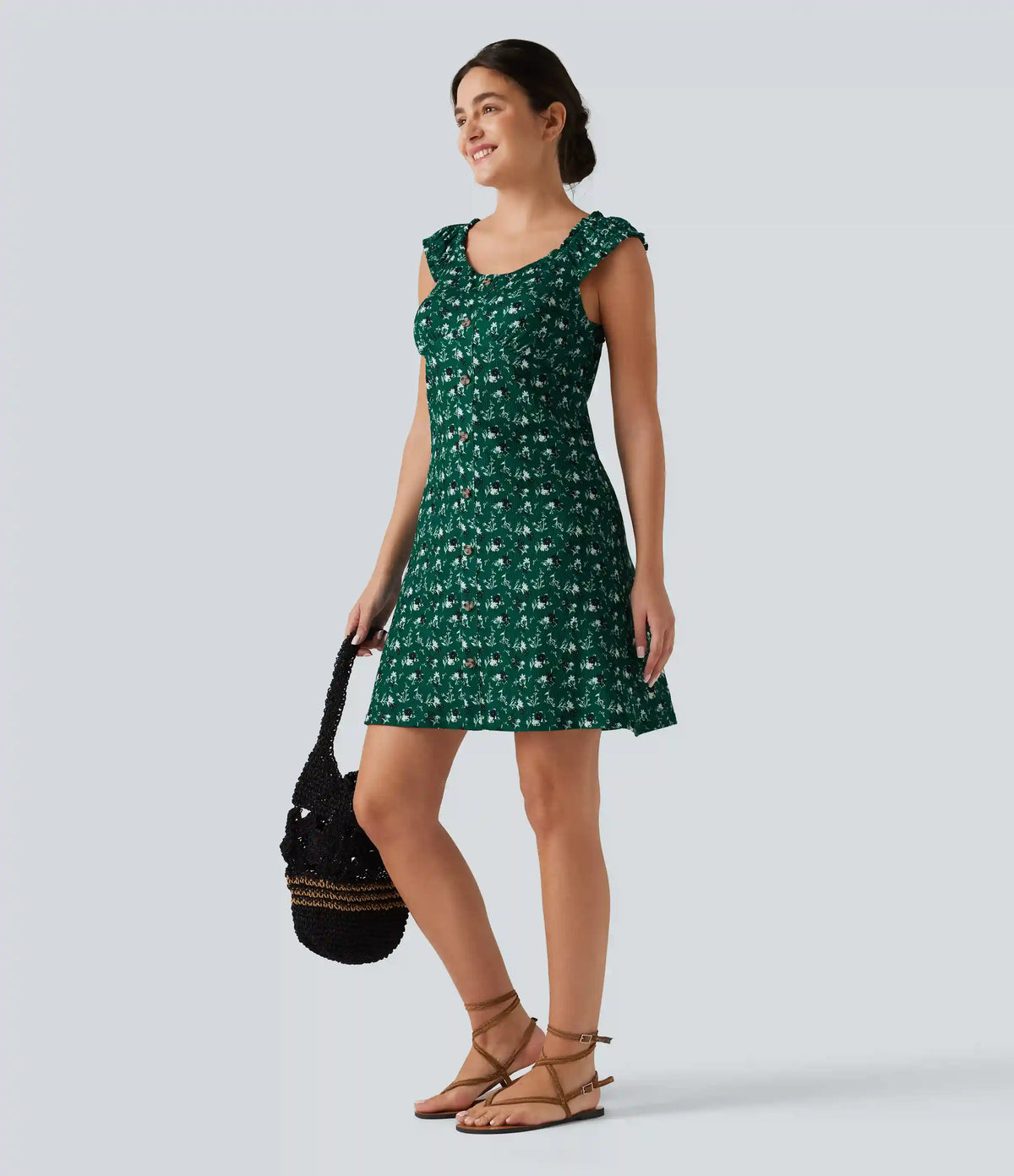 U-Neck Sleeveless Frill Ditsy Floral Built-in Bra Mini A-Line Resort Dress