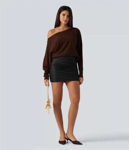 High Waisted Ruched Asymmetric Bodycon 2-in-1 Fleece Mini Casual PU Leather Skirt