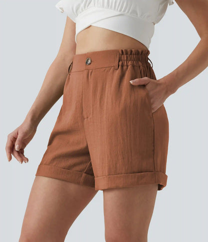 High Waisted Rolled Hem Linen-Feel Resort Shorts 5'' with Pockets