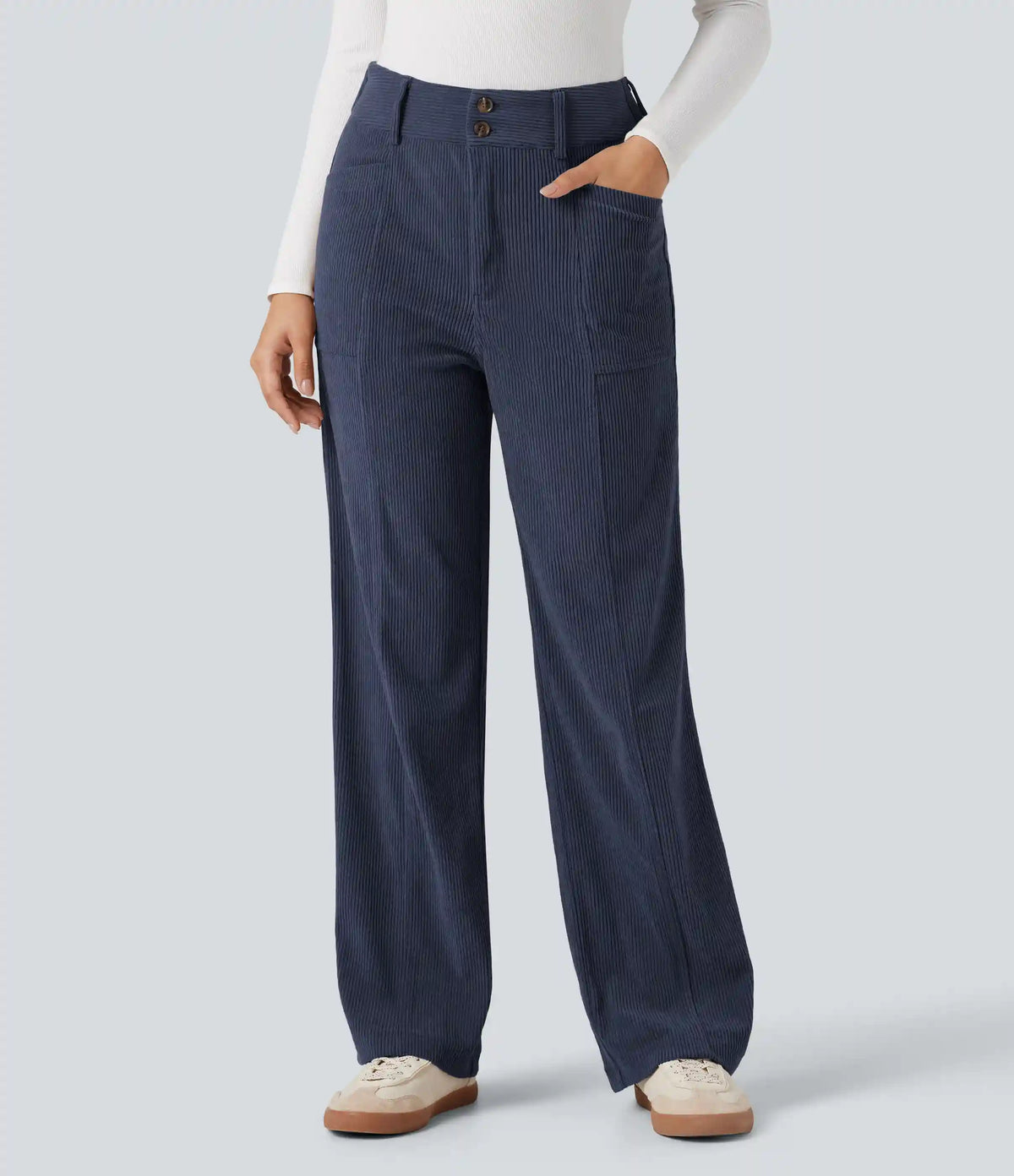 High Waisted Corduroy Casual Straight Leg Pants with Pockets
