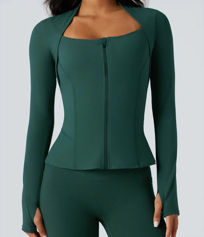 Halara UltraSculpt™ Push-Up Long Sleeve Thumb Hole Zipper Ruffle Hem Yoga Curvy Jacket