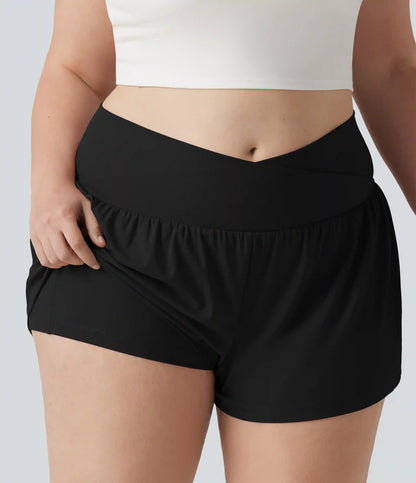 SoftlyZero™ Airy Crossover High Waisted 2-in-1 InstantCool Yoga Plus Size Shorts 3'' with Pockets